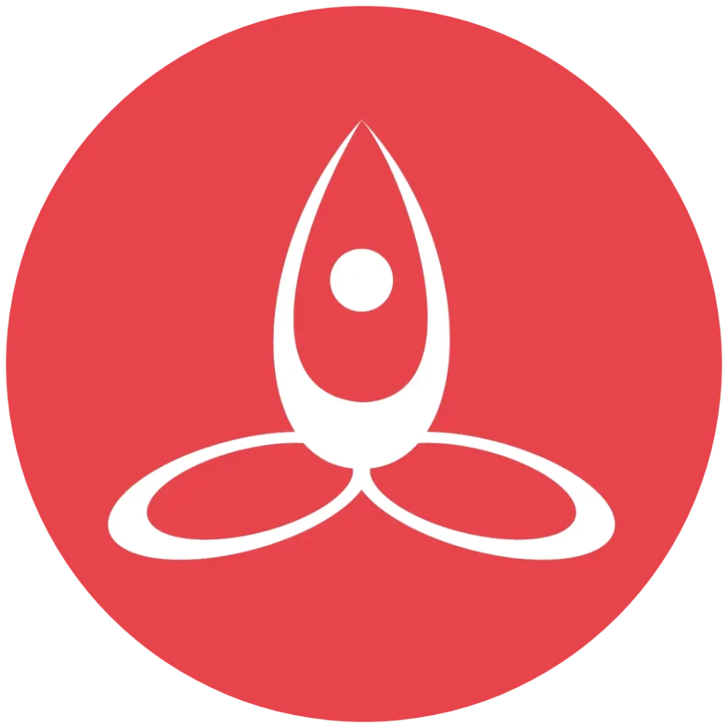 White rocket icon with a circular red background and three curved lines at the base.