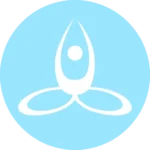 White abstract logo on a light blue circular background, featuring a figure and three rings.